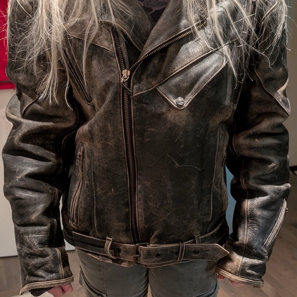 Men's Vintage Teknic Distressed Brown Leather Biker Jacket with Armor 2 XL - Picture 12 of 14